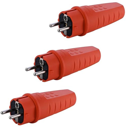 Spina in Gomma, Spina 230V, 16A, IP44, Spina Impermeabile, Spina Infrangibile, Spina con Contatto di Protezione, Spina Schuko, Spina Schuko con Pressacavo Adatta per Uso Esterno, 3 Pezzi (Arancione)