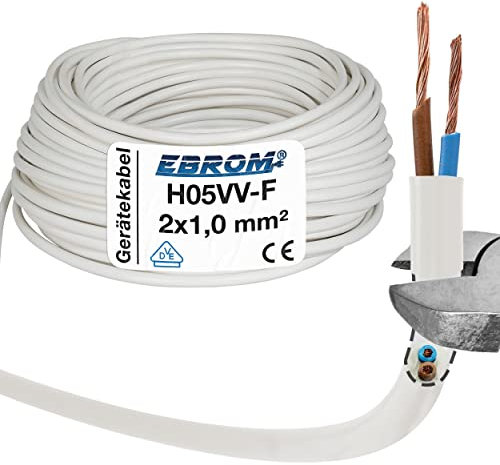 5 Meter - EBROM - H05VV-F 2x1,0 mm² PVC Schlauchleitung, weiß - Gerätekabel, LED Kabel, flexible Leitung, 2x1 mm2 Kunststoffschlauchleitung, Kabel für Haushaltsgeräte, Stromleitung, Stromkabel