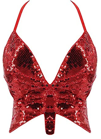 Glitzer Oberteile Damen Kostüm Bauchtanzkostüm Sexy Karnevalskostüme Pailletten Y2k Costume Outfit Korsage Schulterfrei Schmetterling Bauchfreies Karneval BH Klamotten Tops