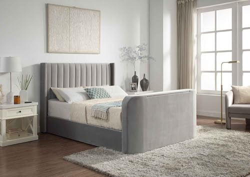 Home Treats Grey Velvet Ottoman TV Bed With Storage | Smart Bed With Remote Control TV Footboard Operation | Gas Lifting Underbed Storage (Hybrid Mattress, King Size)