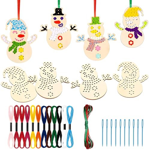 volumoon 10 Pezzi Kit Punto Croce in Legno di Natale Natalizio Ornamenti per Albero di Natale a Punto Croce Decorazione Natalizia in Legno Kit Decorazioni da Appendere Arti per Principianti (Snowman)