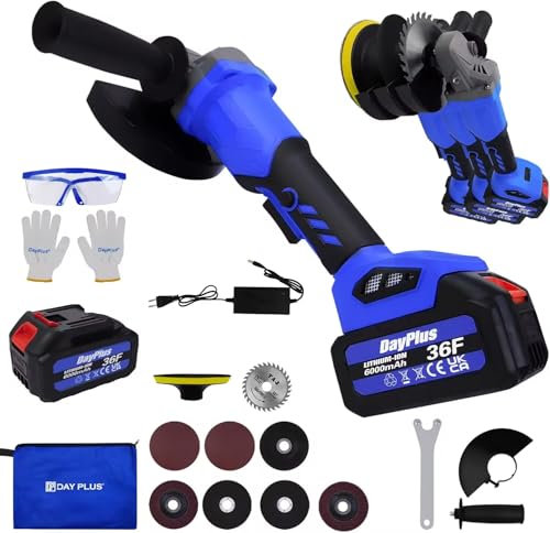 Cordless Angle Grinder, 21V 6000mAh Brushless Angle Grinder, 115mm Electric Grinders, 10000RPM Battery Angle Grinder with 6 Metal Grinding Discs for Grinding, Cutting and Polishing (Blue)