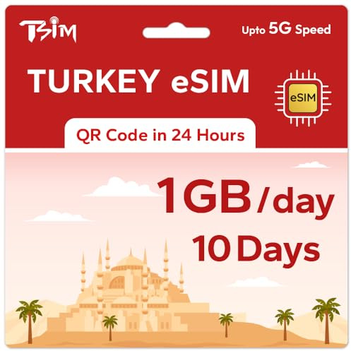 TSIM Prepaid Türkei eSIM für Reisen | 10 Tage 1 GB/Tag 5G Geschwindigkeit | Hotspot erlaubt | eSIM QR-Code per E-Mail innerhalb von 24 Stunden nach Versand gesendet | QR-Code scannen und sofort