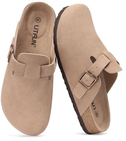 Litfun Unisex Genuine Suede Clogs Soft Footbed Leather Potato Shoes Comfort Slip On Clogs with Arch Support, Taupe, EU 39