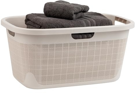 Mind Reader 40L Laundry Basket, Linen Design Clothes Hamper, Plastic Storage Bin with Handles, Ivory