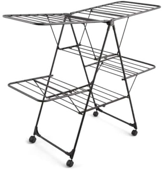 Swan Stealth Jumbo Collapsible Clothes Airer with 26m of Drying space, 30kg Weight Capacity, Integrated Wheels, Anti-Slip Coating and Easy Storage, Black