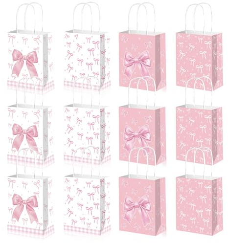 12 stycken rosa band papperspåsar med handtag 21 x 16 x 8 cm presentpåsar små papperspåsar presentpåsar för shopping bröllop förpackningar fester födelsedag jul