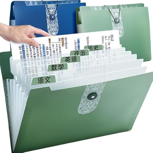 Namzi Fächermappe mit 12 Fächern, Akkordeon-Aktenordner mit Etiketten, tragbarer Dokumentenpapier, Rechnungen, Quittungen, Zuhause, Uni, Schule, Büro, Briefgröße, Grün, 2 Stück