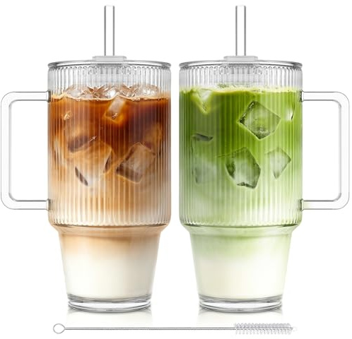 KEMORELA 2 Pack 24oz / 710ml Ribbed Glass Tumblers with Handle, Lids & Straws - Iced Coffee Cup, Glass Tumbler with Straw and Lid, Reusable Travel Cup for Smoothies & Drinks