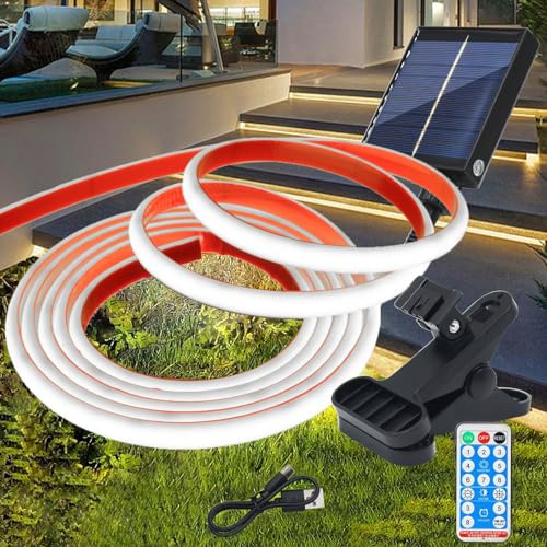 Wisada 12V 5M Solar COB Neon Streifen Selbstklebend, 8 Modi Lichtband Außen IP68 Dimmbare Lichterkette, 320LEDs/m Superheller Cuttable Kaltweiß COB LED Band Mit Fernbedienung für Terrasse, Innenhof