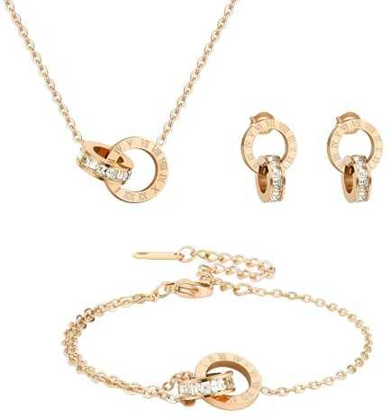 JYIXXZX Schmuckset für Damen und Mädchen 18K Vergoldet Versilbert Zirkonia Edelstahl Römische Ziffern Kreis Anhänger Halskette Ohrringe Armband Set Brautschmuck Geschenk für Geburtstag
