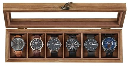 OPIGJUFD Klockbox klocklåda, 6-spårsfodral, massivt trä organiserare med glaslock, display med avtagbara kuddar