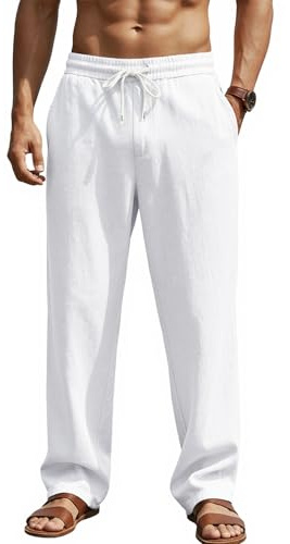 Muwodkdn Pantalon Lin Homme Été Léger Casual avec Cordon de Serrage Blanc L