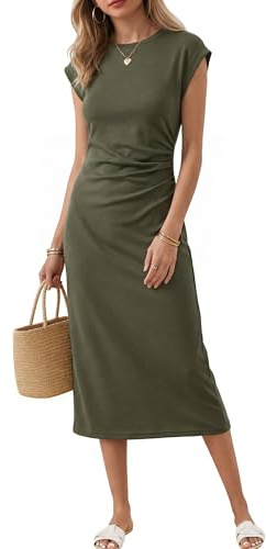 Newshows Summer Dresses for Women Wrinkle Free Casual Midi Dress Crew Neck Ruched Shirt Sundress with Split