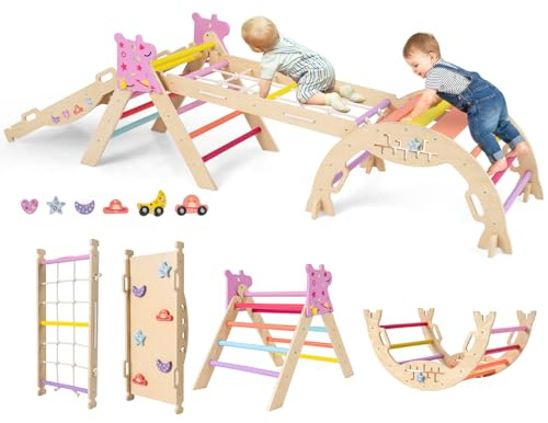COSTWAY Toddler Climbing Frame, Kids Wooden Climber Toys Set with Arch, Reversible Ramp, Indoor Montessori Play Gym for Boys Girls 3 Years Old+ (8 in 1 Unicorn-Themed, Colorful)