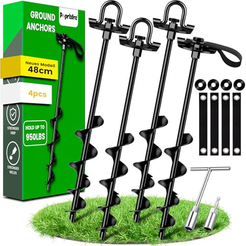 Anclaje de tierra de 40 cm, 4 unidades con correas, anclaje de suelo de fijación doble, anclaje para el suelo resistente para atornillar, accesorio ideal para trampolín, resistencia al viento alto