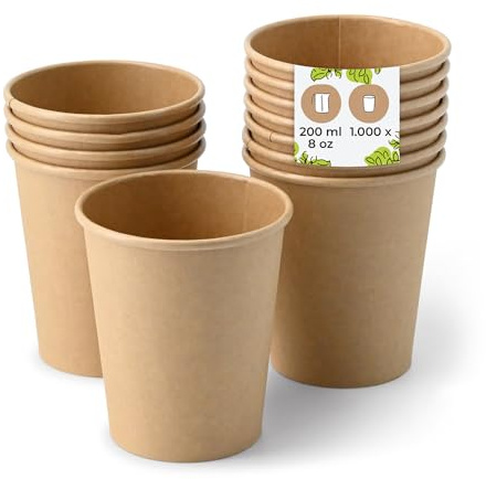 BIOZOYG 1000x vasos desechables 200 ml / 8 oz, Ø 80 mm marrón - vasos cafe sin plástico y con materiales sostenibles - vasos cafe desechables