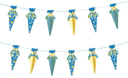 Oblique Unique® Zuckertüten Girlande Hänge Deko für Schuleinführung Einschulung Schulanfang Schulstart Dekoration Banner Schule Jungs Blau Gold