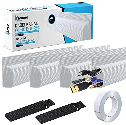 Kabelkanal Selbstklebend Set mit 4 Kabelschläuchen im J-Design - Mit 300cm Langem Klebeband und 10 Kabelbindern - Für Schreibtisch, Küche, Zimmer (Weiß)
