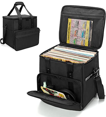 Trunab Rucksack Tasche Schallplatten, Wasserdichtes Nylon Tasche für Vinyl Record LPs Aufbewahrungsbox, Verbesserte Kompatibel mit 60 LPs, Leichte, Robuste, Große Kapazität, mit Schultergurt und Griff