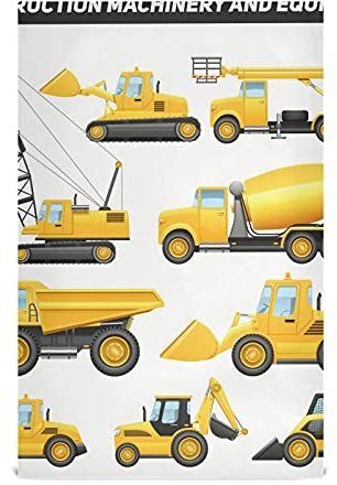 Construction Equipment Yellow Machinery with Truck Crane and Bulldozer 6 Packs Polyester Kitchen Dish Towel, Hand Bar Tea Towels with Hanging Loop, Hemmed NapkinTowel Dishtowels Waffle Dishcloths