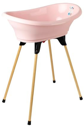 THERMOBABY - Kit de bañera para bebé - Vasco - Bañera, pie de madera y manguera de drenaje - Innovación patentada - Plegable y estable - Puede acoger una tumbona de baño - Fabricado en Francia - Rosa