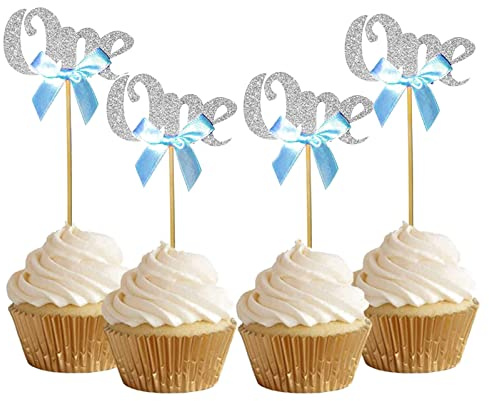 Bymivofun 24 stycken glitter one cupcake-dekorationer för 1:a födelsedag, för årsdag, födelsedag, barnkalas dekorationer (silver)