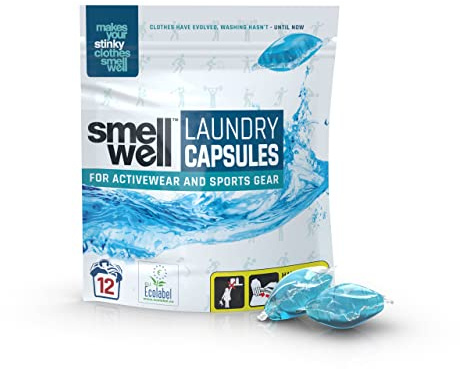 SmellWell Lot de 12 capsules de linge prédosées respectueuses de l'environnement pour éliminer les odeurs tenaces dans les vêtements de sport