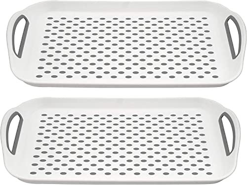 HOMESHOPA Anti-Slip Plastic Serving Tray, 2 Pack Grey Rectangular Non-Slip Top & Bottom, Strong Grip Rubber Surface, Kitchen Tray for Food Serving, Easy Grip Handles, Sturdy Dinner/Drinks Breakfast