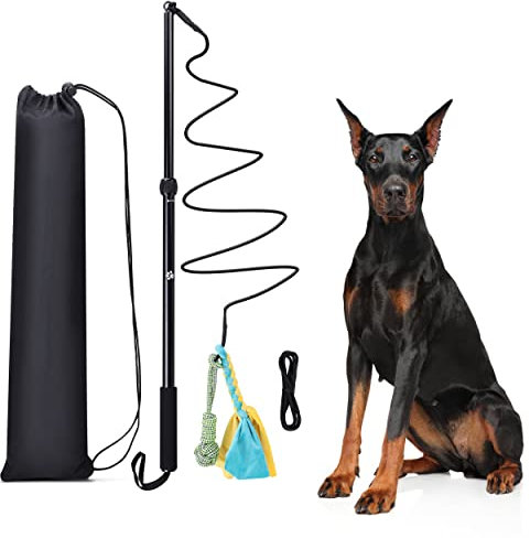 Moyubath Flirt Pole Rope Dog Toy with Rope Ball and Chasing Tail Chewing Braided Cotton Rope Outdoor Interactive Tug Extendable Teaser Training Wand Pet Flirt Stick for Small Medium Large Dogs