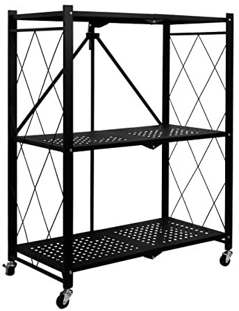 QUVIO Rollender Küchenwagen 3 Ebenen Faltbarer Wagen Platzsparender Servierwagen Servierwagen Küchenwagen auf Rädern, Metallregal auf Rädern, Schwarz 34 x 71 x 86 cm