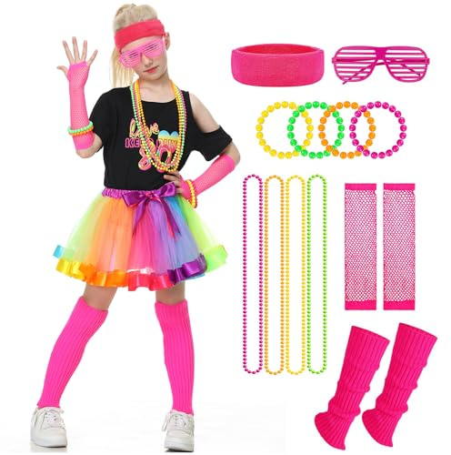 Firecos 80er Jahre Kostüm für Kinder Cosplay Thema Anzug Fancy Kleid 80er Jahre Outfit Kleid Zubehör Set mit Kurzarm Tutu Rock für Party Dress up für Mädchen
