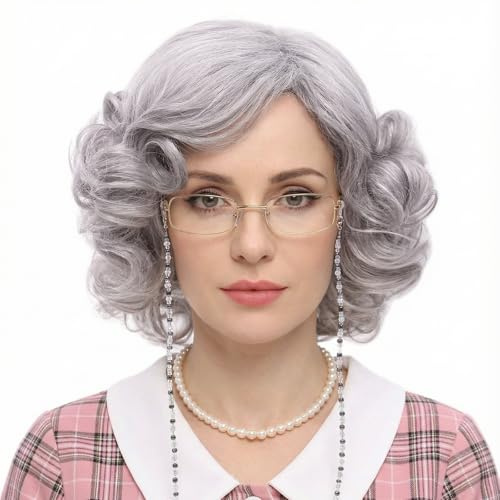 REEWES Graue Old Lady Perücke für Frauen Kostüm Kurz gelockt Silber Oma Perücke Gray Oma Perücken und Brille, Halskette, Ohrringe, Armbänder Set