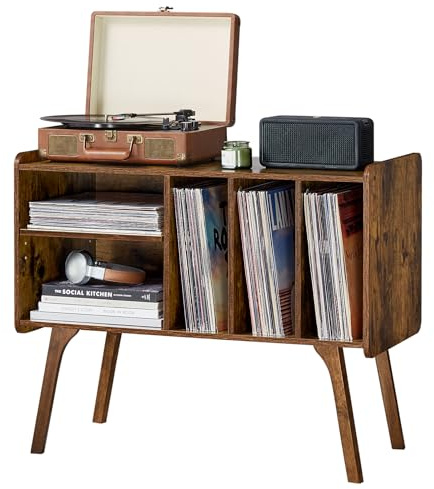 Lerliuo Soporte para tocadiscos con 4 gabinetes con capacidad para hasta 220 álbumes, soporte giratorio grande con patas de madera de haya, mesa de tocadiscos de mediados de siglo, soporte de vinilo