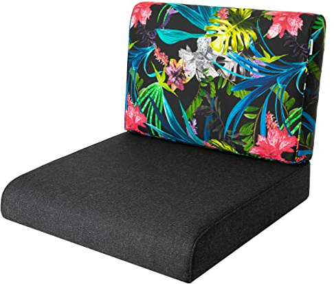 PillowPrim, Stulhkissen, Kissen für Rattansessel, Outdoor, Auflage, Palettenkissen, Sitzkissen, Rattanmöbel, Schwarz + Bunte Blätter, 70 x 70 cm