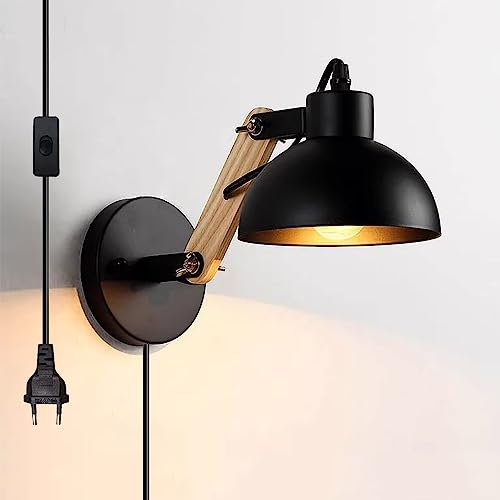 Chao Zan Holz Wandleuchte mit Stecker Schalter, Vintage Rustikales Retro Innen Wandlampe Verstellbare Hängende Wandhalterung, Industrie Lese Leuchten Deko (Ohne E27 Leuchtmittel) (Schwarz)