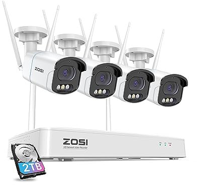 ZOSI 4MP Kit Cámaras de Vigilancia WiFi 8CH H.265+ Grabador NVR Inalámbrico con 4X Cámaras Impermeables, Visión Nocturna, Alarma de Movimiento, 2TB HDD Incluido