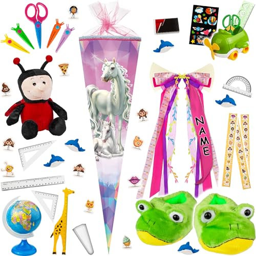 alles-meine.de GmbH Schultüte - Einhorn & Fohlen 35-100 cm Größe wählbar inkl. komplette Füllung + Name + Bänder Schleife + Kunststoff Spitze - Zuckertüte - Tüllabschluß ..