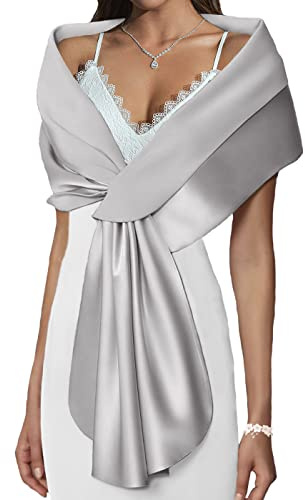 Atigy Satin Châle Mariage Boléro Châles Mariée Élégant Fête Cérémonie Châles Étoles pour Femmes Robes de Soirée (S, Argent)
