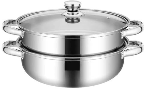 Puluru Stainless Steel Steamer Pot 4 Quart Silver Round 2-tier Multipurpose Cookware with Tempered Glass Lid