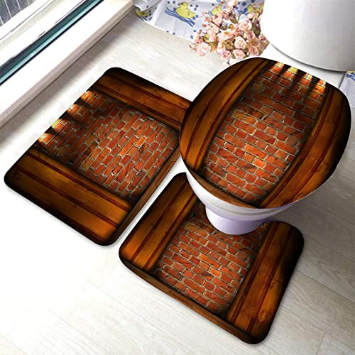 rutschfeste 3 Badteppich Set Rustikaler Wandziegeldruck Badgarnitur Badematten Wasserabsorbierend Badematte 3-TLG, Für Wohnzimmer, Wc-Sitz Bezug