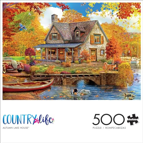 Buffalo Games - 500 Piece Jigsaw Puzzle Angelo Bonito Autumn Lake House, Made in USA, Premium Recycled Board, Full-Color Poster