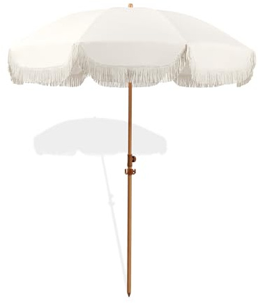 Seazul 6.5ft Patio Umbrella with Fringe, Beach Umbrella, Fringe Umbrella Outdoor Patio with Hanging Hook, Tilting Aluminum Pole, UV 50+, Fiberglass Ribs, Elegant Cream