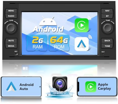 Autorradio Podofo para Ford Focus/C-MAX/S-MAX/Galaxy/Fusion/Fiesta/Mondeo/Kuga/Transit Connect con Carplay y Android Auto, 2 GB + 64 GB, Bluetooth, WiFi, GPS y Cámara de Marcha Atrás AHD, Color Negro