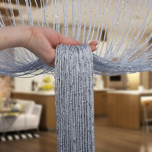 Seven-Flower String Curtain Panels Door Fly Screen Room Divider Net Hanging Glitter Curtains,Decorative Tassel Ribbon Strip Silver Screen for Living room,Bedroom,Party Events (Silver, 39 x 79)
