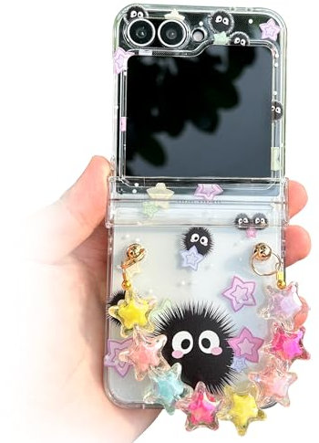NXBNK for Galaxy Z Flip 6 Case, Soot Sprite Floral Hard Clear Phone Case for Samsung Galaxy Z Flip 6 2024 Plus a Free Phone Chain, Cartoon Flip Case for Girls Women - Soot Sprite