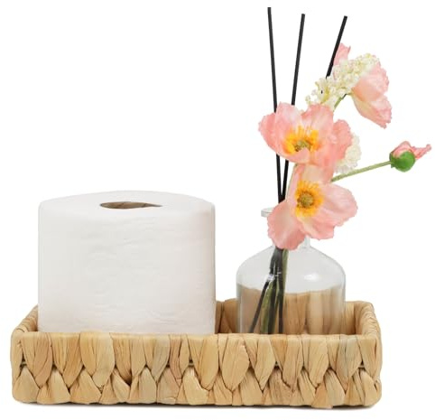 Bathroom Tray Countertop, 10 Inch Water Hyacinth Bathroom Basket, Toilet Tank Bathroom Vanity Tray, Rattan Wicker Tray for Bathroom Decor Coffee Table (Small)