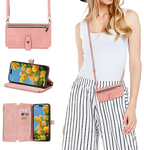 ZCDAYE Handyhülle für iPhone 16 Pro Max Hülle mit Band, Roségold | Leder Handytasche Geldbörse mit Kartenfächer Handykette, Praktisch Umhängetasche Frauen Brieftasche Portemonnee Klapphülle