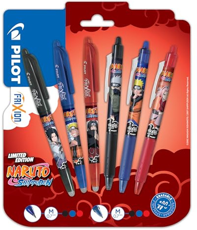 PILOT x NARUTO Frixion Ball + 3 Frixion Ball Clicker, radierbare Stifte, limitierte Edition, Naruto Shipudden, nachfüllbare Tintenroller, Schwarz, Blau, Rot, Medium, 3 Stück