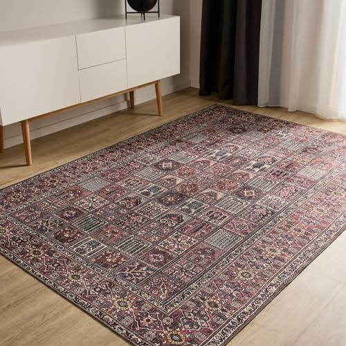 benuta Basic Waschbarer Teppich George - Multicolor/Rot 200x300 cm - Kunstfaser - Rechteckig & im Style: Vintage, Elegant, Retro - Pflegeleicht für Wohnzimmer Schlafzimmer